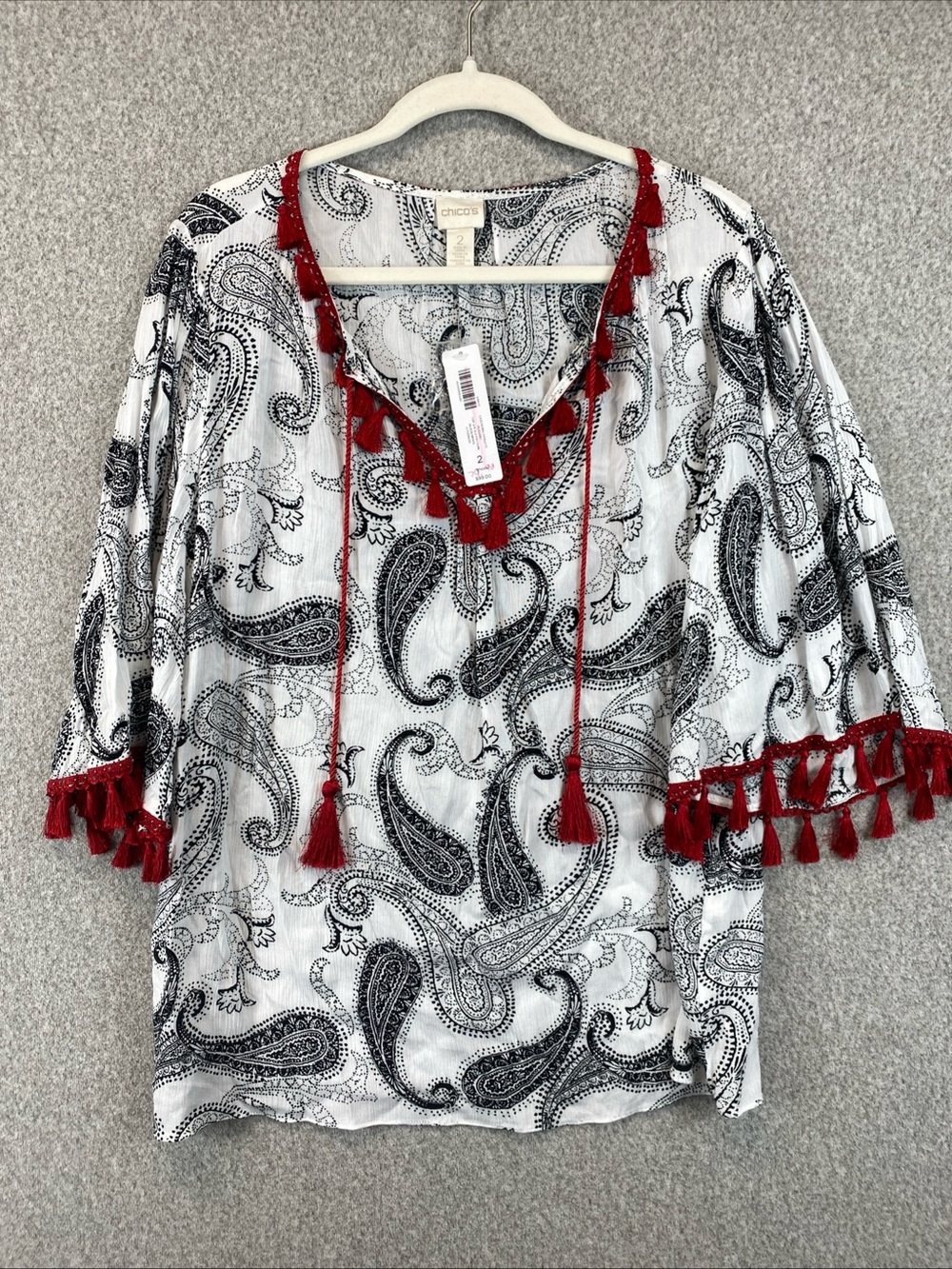 Chico's Paisley V-Neck Tunic Top 3/4 Sleeve Beaded Tassels Size 2 (L) Red White